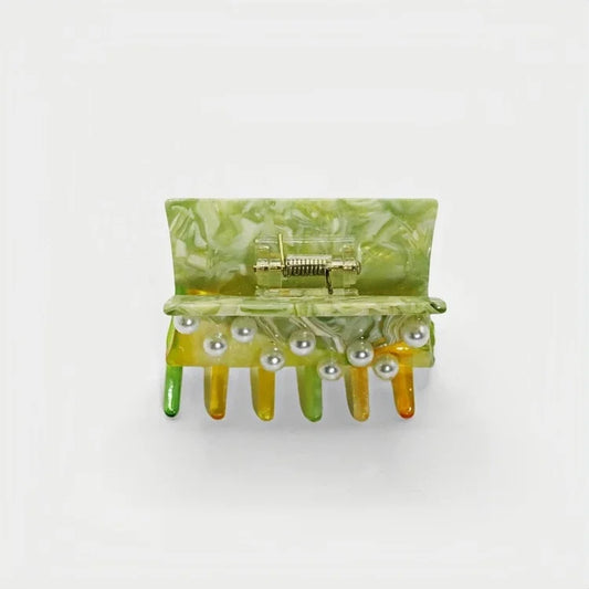 Forest Pearl Acetate Hair Claw Clip – Elegant French-Inspired Green Hair Accessory | Handmade Marble Texture Claw Clip with Pearl Detail | Chic Secure Hair Clip Gift for Her