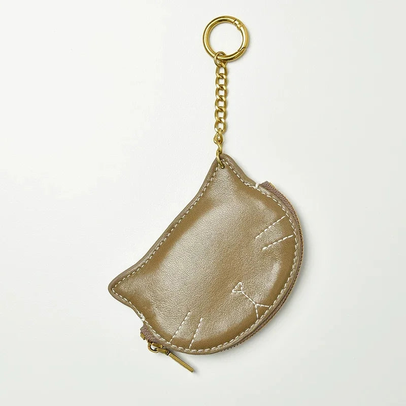 Vintage Cat-Shaped Leather Pouch Charm – Full-Grain Cowhide Zipper Coin Purse for Women | Key, Earphone & Lipstick Organizer | Retro Small Bag Accessory