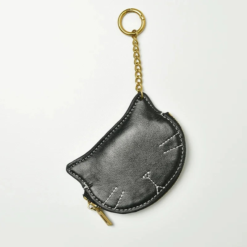 Vintage Cat-Shaped Leather Pouch Charm – Full-Grain Cowhide Zipper Coin Purse for Women | Key, Earphone & Lipstick Organizer | Retro Small Bag Accessory