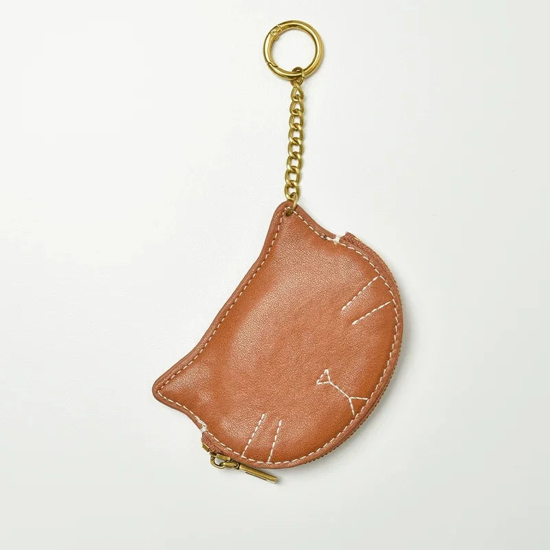 Vintage Cat-Shaped Leather Pouch Charm – Full-Grain Cowhide Zipper Coin Purse for Women | Key, Earphone & Lipstick Organizer | Retro Small Bag Accessory