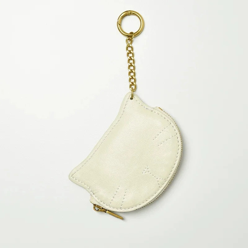 Vintage Cat-Shaped Leather Pouch Charm – Full-Grain Cowhide Zipper Coin Purse for Women | Key, Earphone & Lipstick Organizer | Retro Small Bag Accessory