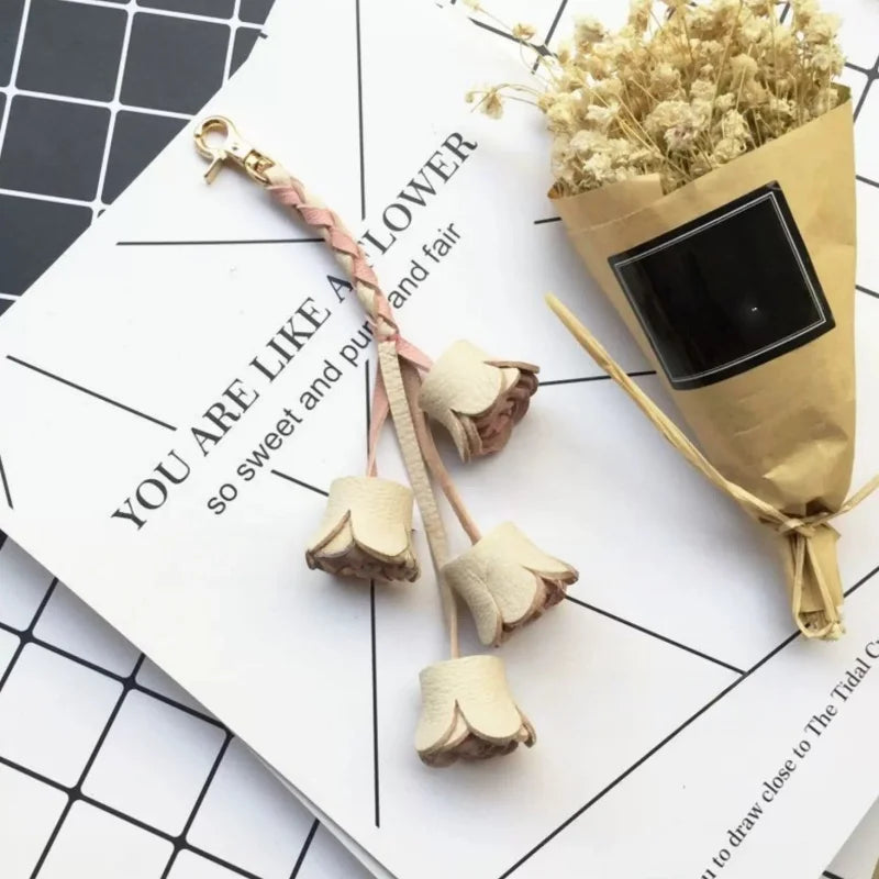 Handwoven DIY Genuine Leather Tassel Floral Bag Charm – Versatile Gift Accessory