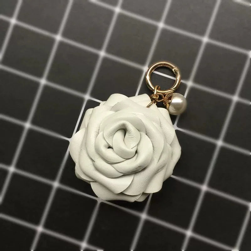 Handcrafted Leather Rose Bag Charm – 3D Flower Purse Pendant | Elegant Handmade Handbag Accessory with Pearl Accent | Romantic Floral Keychain Gift for Her