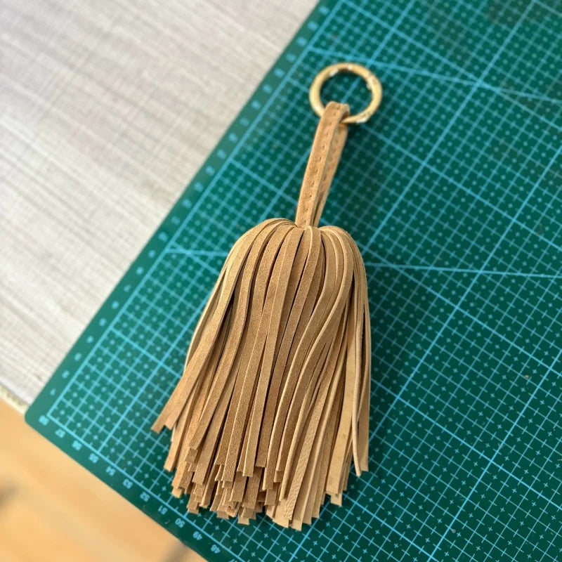 Handcrafted Suede Leather Tassel Bag Charm – Full Fringe Statement Handbag Accessory | Soft Genuine Leather Key chain Pendant | Elegant Minimalist Bag Decor Gift for Her