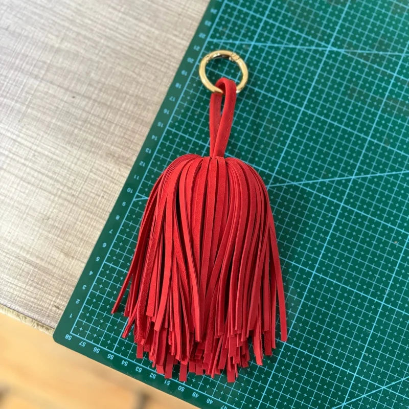 Handcrafted Suede Leather Tassel Bag Charm – Full Fringe Statement Handbag Accessory | Soft Genuine Leather Key chain Pendant | Elegant Minimalist Bag Decor Gift for Her