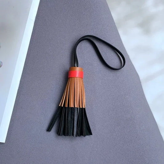 Multicolor Layered Leather Tassel Bag Charm – Handcrafted Lambskin Fringe Pendant | Color-Block Designer Handbag Accessory | Elegant Statement Keychain Gift for Her