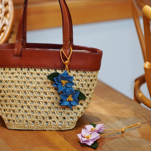 Handcrafted Waxed Leather Double Flower Bag Charm – Vintage-Inspired Floral Pendant with Layered Petals | Artisan Cowhide Handbag Accessory | Elegant Gift for Her