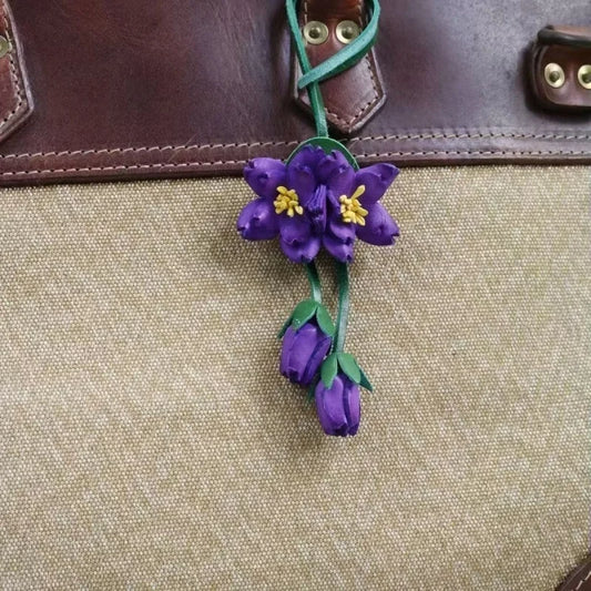 Purple Blossom Leather Bag Charm – Handmade Full-Grain Leather Flower Pendant | Unique Handcrafted Sakura-Inspired Accessory | Elegant Handbag Decoration Gift