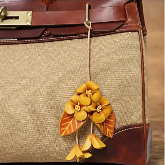 Golden Osmanthus Leather Bag Charm – Handmade Full-Grain Cowhide Floral Pendant | Autumn-Inspired Keychain | Unique Gift Accessory for Women
