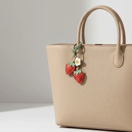 Cute Strawberry Leather Bag Charm – Handcrafted Fruit-Inspired Pendant with Daisy Detail | Playful Keychain Accessory | Lovely Gift for Women