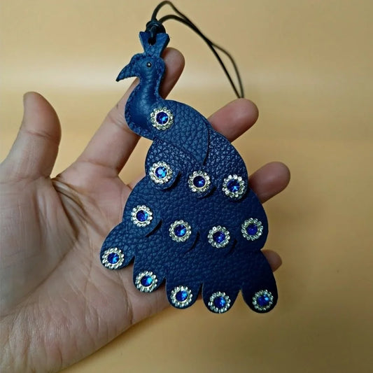 Handcrafted Peacock Leather Bag Charm – Full-Grain Leather Pendant with Crystal Details | Elegant Blue Statement Accessory