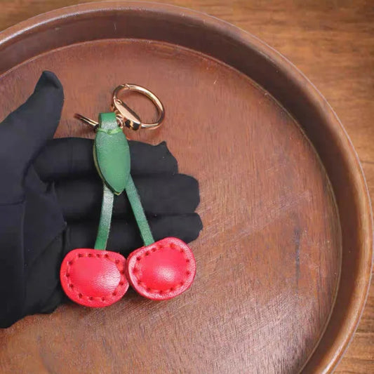 Classic Cherry Leather Bag Charm – Handmade Full-Grain Cowhide Pendant | Artisan Double-Cherry Keychain | Whimsical Accessory for Handbags & Gifts