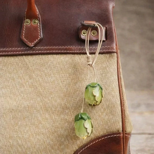 Handmade Tulip Bud Leather Bag Charm – Full-Grain Cowhide Pendant | Artisan Floral Keychain | Unique Leather Handbag Decoration