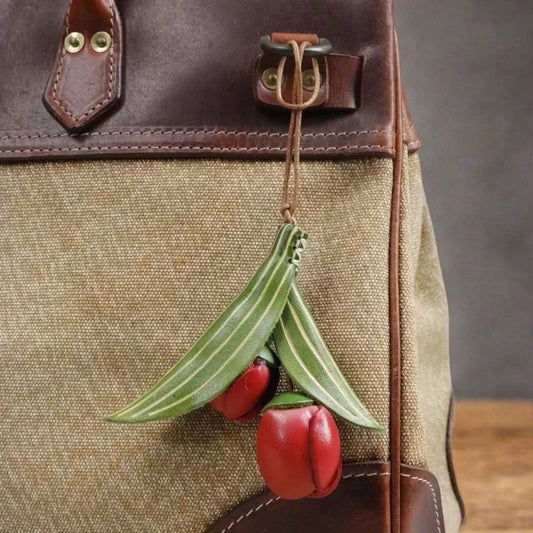 Handmade Tulip Leather Bag Charm – Full-Grain Cowhide Flower Pendant | Artisan Handcrafted Accessory | Unique Leather Handbag Decoration