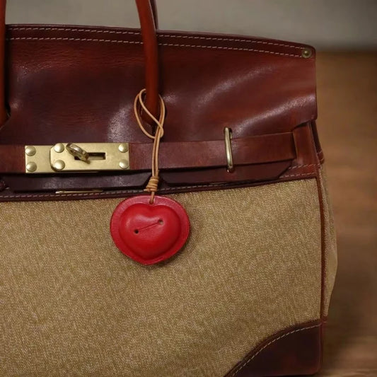 Vintage Heart Bell Leather Bag Charm – Handmade Full-Grain Cowhide Pendant | Retro Love Keychain | Unique Gift Accessory