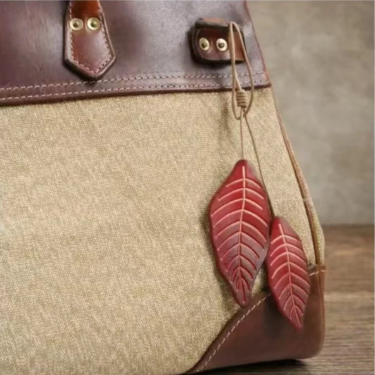 Two-Tone Leather Leaf Bag Charm – Handmade Full-Grain Cowhide Pendant | Dual-Color Nature-Inspired Keychain | Elegant Gift Accessory for Women