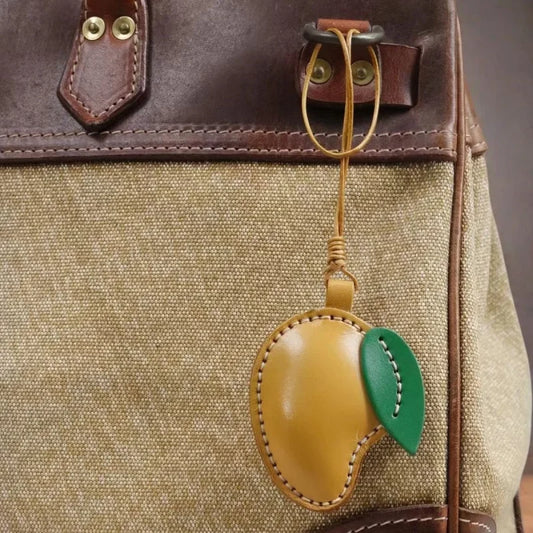 Mango Leather Bag Charm – Handmade Full-Grain Cowhide Pendant | Vintage Fruit-Inspired Keychain | Unique Handbag Accessory & Lucky Gift
