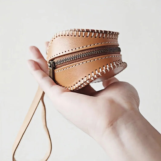 Vintage Baseball-Inspired Leather Coin & Lipstick Case – Handmade Mini Bag Charm | Creative Retro Design with Zipper Closure | Unique Gift & Accessory