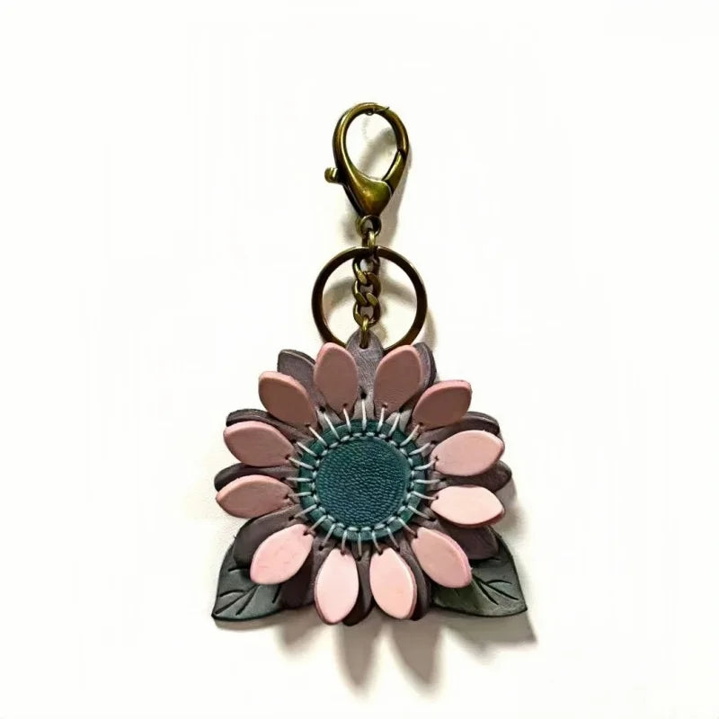 Sunflower Leather Bag Charm – Handmade Full-Grain Waxed Leather Floral Keychain | “Future Full of Hope” Artisan Flower Pendant | Elegant Gift for Her