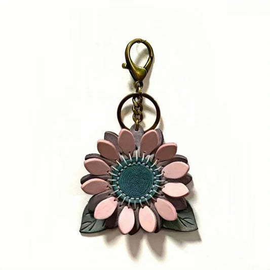 Sunflower Leather Bag Charm – Handmade Full-Grain Waxed Leather Floral Keychain | “Future Full of Hope” Artisan Flower Pendant | Elegant Gift for Her