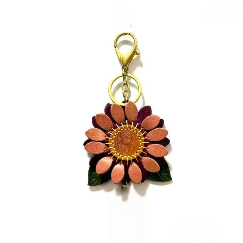 Sunflower Leather Bag Charm – Handmade Full-Grain Waxed Leather Floral Keychain | “Future Full of Hope” Artisan Flower Pendant | Elegant Gift for Her