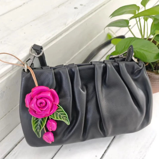 Romantic Rose Leather Bag Charm – Handmade Full-Grain Leather Flower Pendant | Artisan Floral Keychain for Couples & Friends | Elegant Ins-Style Gift Accessory