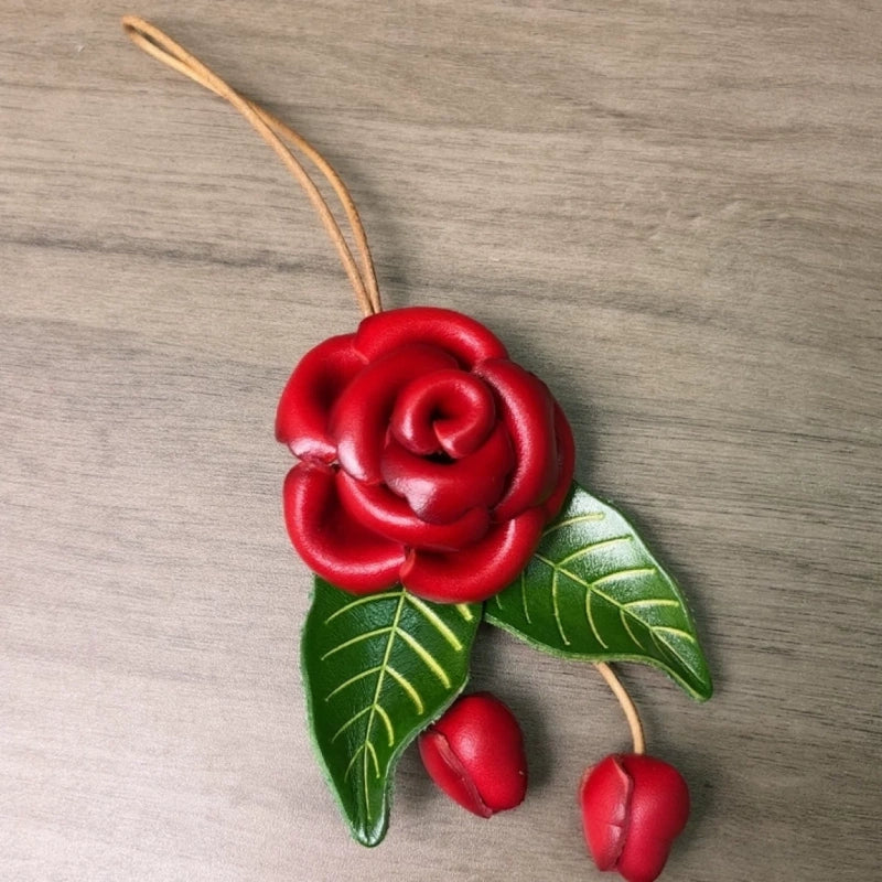 Romantic Rose Leather Bag Charm – Handmade Full-Grain Leather Flower Pendant | Artisan Floral Keychain for Couples & Friends | Elegant Ins-Style Gift Accessory