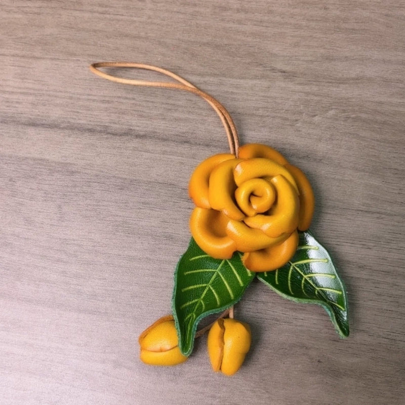 Romantic Rose Leather Bag Charm – Handmade Full-Grain Leather Flower Pendant | Artisan Floral Keychain for Couples & Friends | Elegant Ins-Style Gift Accessory
