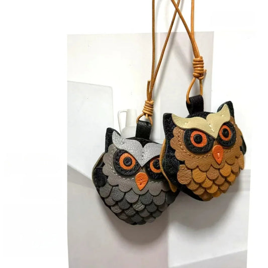Vintage-Style Leather Owl Bag Charm – Handmade Multilayer Full-Grain Leather Pendant Keychain | Cute Animal-Inspired Accessory | Gift for Couples & Friends