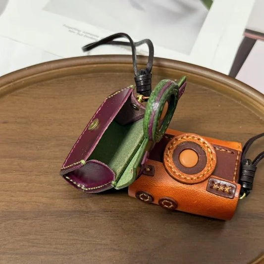 Retro Camera Leather Bag Charm & Mini Earphone Pouch – Handcrafted Top-Grain Leather Keychain | Unisex Vintage Accessory | Functional Coin & Earbud Case