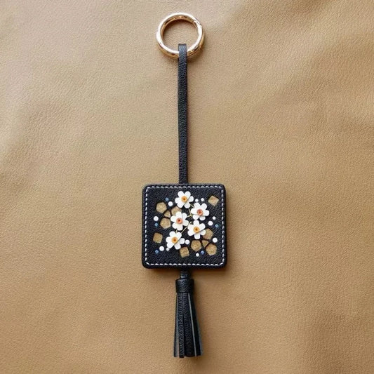 Original Design Hand-Embroidered Floral Tassel Bag Charm | Premium French Lambskin Leather Key Fob | Sophisticated Accessory Gift for Her
