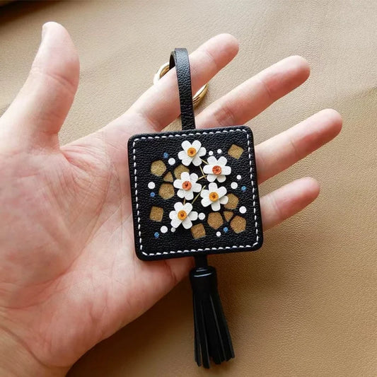 Original Design Hand-Embroidered Floral Tassel Bag Charm | Premium French Lambskin Leather Key Fob | Sophisticated Accessory Gift for Her