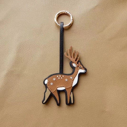 Lucky Deer Leather Bag Charm – Handmade French Sheepskin Pendant | Symbol of Grace & Good Fortune | Elegant Handcrafted Gift for Women