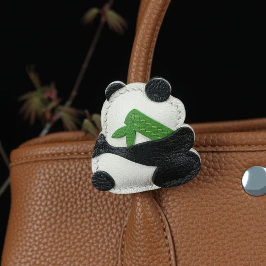 Bamboo Hugging Panda Leather Bag Charm – Handmade Full-Grain Pendant | Symbol of Good Fortune & Peace | Artistic Panda Gift Accessory
