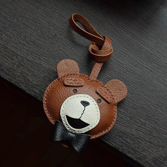 Teddy Bear Leather Bag Charm – Handcrafted Full-Grain Lambskin Pendant with Bow Tie | Premium Stitching | Elegant and Playful Gift for Her
