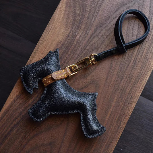 Schnauzer-Inspired Leather Dog Bag Charm – Handmade Black Lambskin Keychain | Minimalist Puppy Pendant | Petite Gift for Dog Lovers