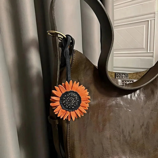 Handmade Sunflower Leather Bag Charm – Designer Full-Grain Cowhide Pendant | Artisan Floral Keychain | Unique Handbag Decoration & Gift