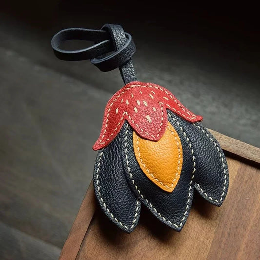 Handmade Leather Tulip Bag Charm – Original Red-Orange & Yellow Petal Design | Full-Grain Leather Pendant & Keychain | Minimalist Artistic Handbag Accessory