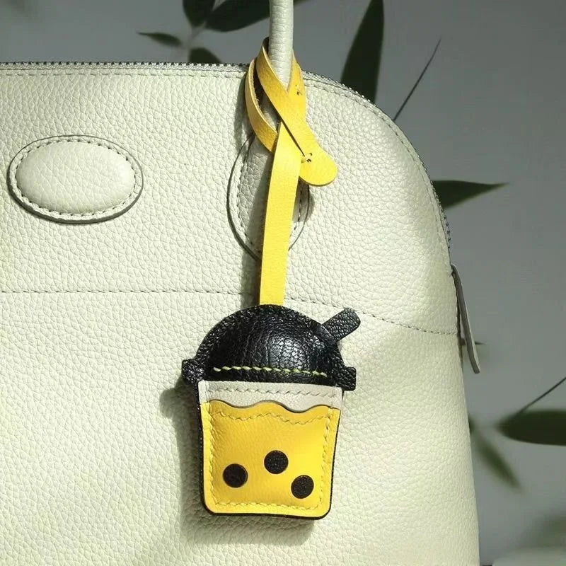 Bubble Tea Cup Leather Bag Charm – Handmade Full-Grain Sheepskin Keychain | Cute Boba Drink Pendant | Creative Accessory for Handbags & Keys