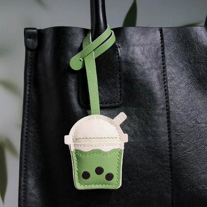 Bubble Tea Cup Leather Bag Charm – Handmade Full-Grain Sheepskin Keychain | Cute Boba Drink Pendant | Creative Accessory for Handbags & Keys
