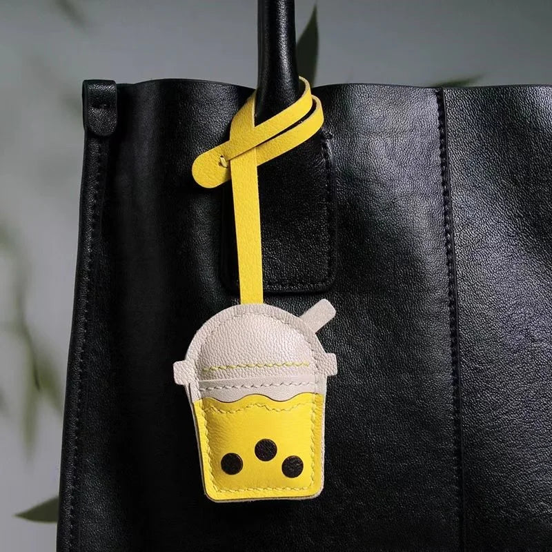 Bubble Tea Cup Leather Bag Charm – Handmade Full-Grain Sheepskin Keychain | Cute Boba Drink Pendant | Creative Accessory for Handbags & Keys