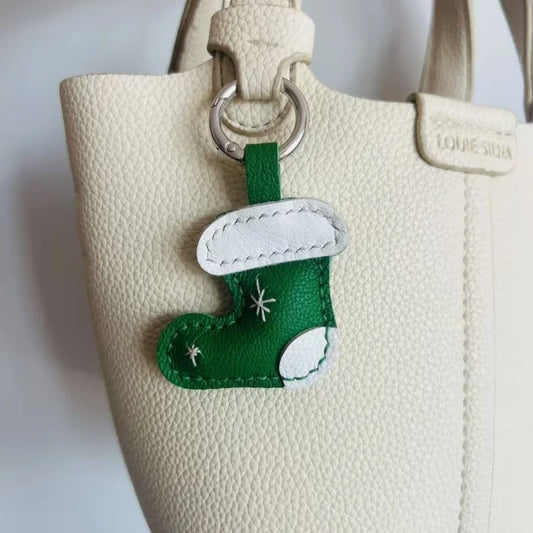Christmas Leather Boot Bag Charm – Handcrafted Lambskin Pendant | Festive Red & Green Ornament | Cute Holiday Gift for Women