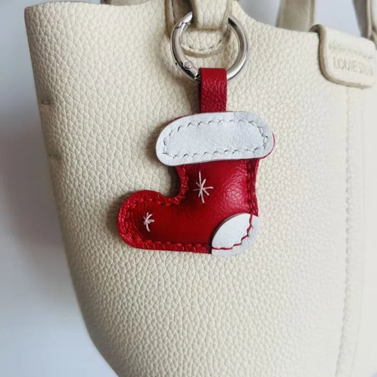 Christmas Leather Boot Bag Charm – Handcrafted Lambskin Pendant | Festive Red & Green Ornament | Cute Holiday Gift for Women