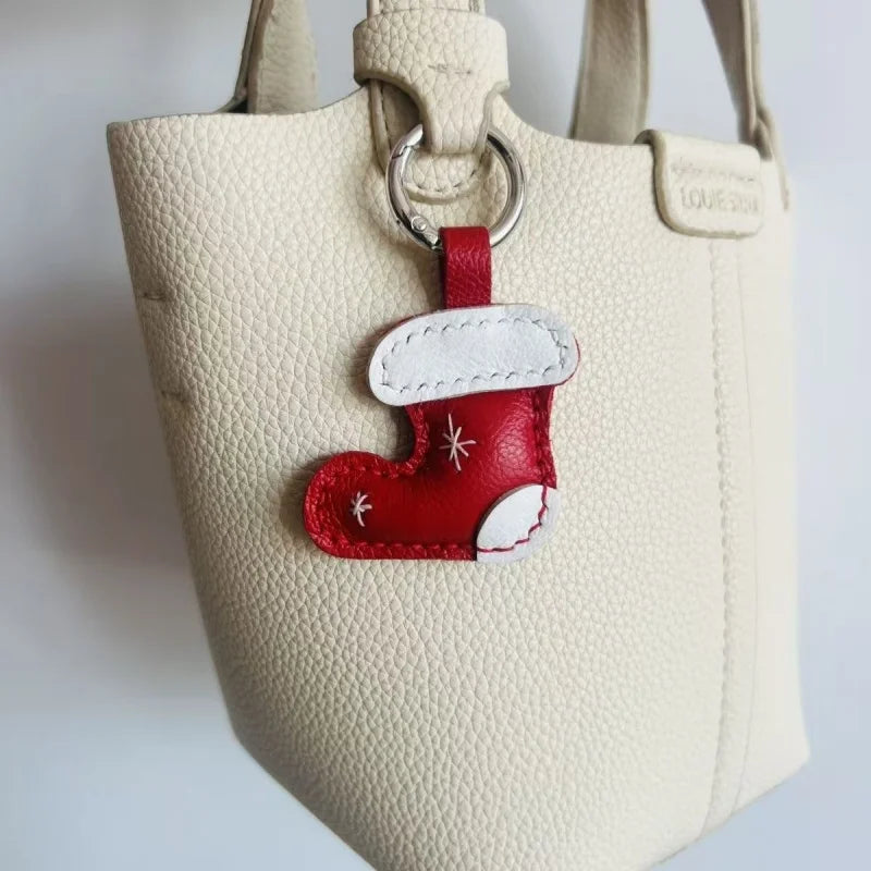 Christmas Leather Boot Bag Charm – Handcrafted Lambskin Pendant | Festive Red & Green Ornament | Cute Holiday Gift for Women