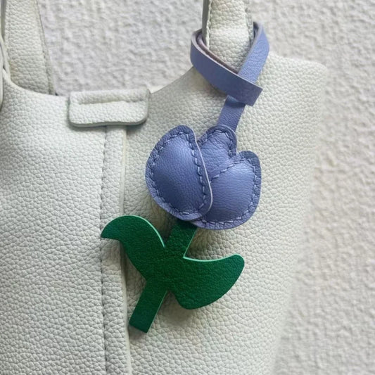 Pastel Tulip Leather Bag Charm – Handmade Full-Grain Leather Pendant | Sweet Minimalist Flower Keychain | Elegant Gift for Women