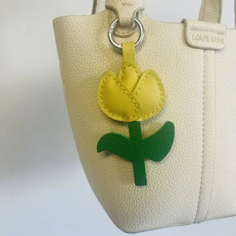 Pastel Tulip Leather Bag Charm – Handmade Full-Grain Leather Pendant | Sweet Minimalist Flower Keychain | Elegant Gift for Women