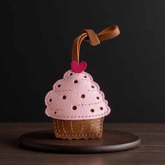 Handmade Leather Cupcake Bag Charm – Handcrafted Genuine Leather Pendant & Keychain | Cute Artistic Accessory for Handbags | Thoughtful Gift for Her
