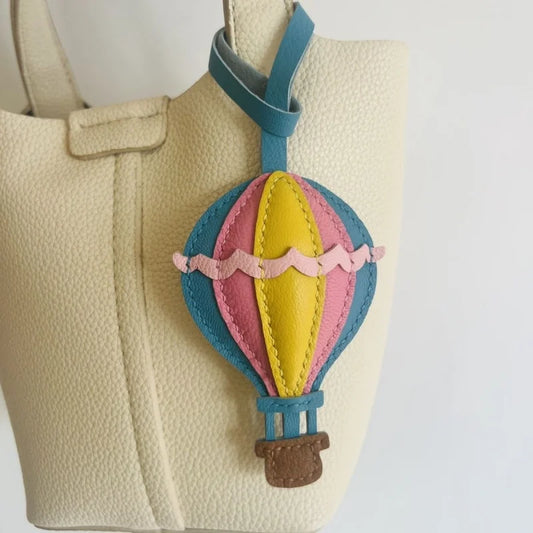 Handmade Leather Hot Air Balloon Bag Charm & Keychain – Artisan Leather Pendant with Soft Color Blocking | Three Color Options | Gift for Her