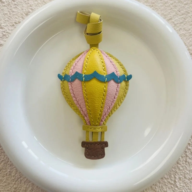 Handmade Leather Hot Air Balloon Bag Charm & Keychain – Artisan Leather Pendant with Soft Color Blocking | Three Color Options | Gift for Her