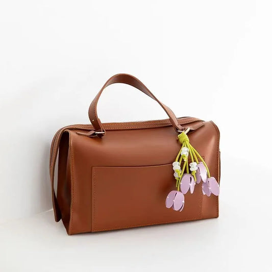 Tulip Blossom Leather Bag Charm – Handmade Bouquet Keychain Pendant | Dopamine Beaded Floral Accessory | Elegant Handbag Decoration for Women